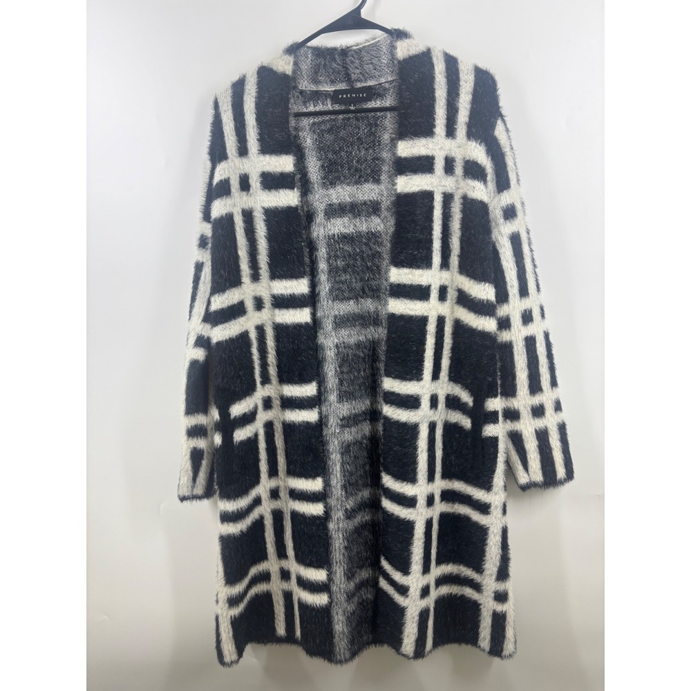 Premise Womens Black White Plaid Eyelash Knit Long Cardigan‎ Sweater Small